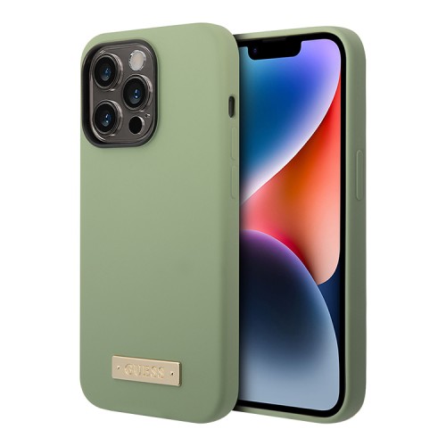 Чехол Guess Liquid Silicone Plate metal logo Hard для iPhone 14 Pro, зеленый (Magsafe)