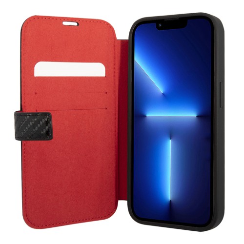 Чехол Ferrari PU Smooth/Carbon Vertical with metal logo Booktype для iPhone 14 Pro Max, черный
