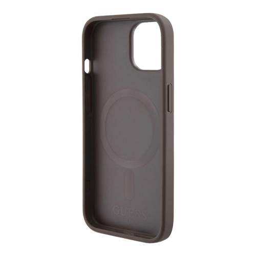 Guess для iPhone 15 чехол PU 4G Bottom stripe Metal logo Hard Brown (MagSafe)