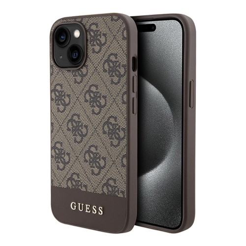 Guess для iPhone 15 чехол PU 4G Bottom stripe Metal logo Hard Brown (MagSafe)
