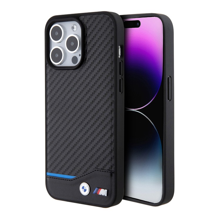 BMW для iPhone 15 Pro чехол M-Collection PU Carbon with blue line Hard Black (MagSafe)