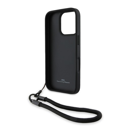 BMW для iPhone 16 Pro чехол Signature Leather Wordmark + Hand Cord Hard Blue