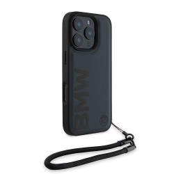 BMW для iPhone 16 Pro чехол Signature Leather Wordmark + Hand Cord Hard Blue