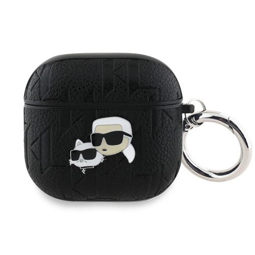 Karl Lagerfeld для Airpods 4 чехол PU Saffiano Monogram with ring NFT Metal Head Karl & Choupette Black