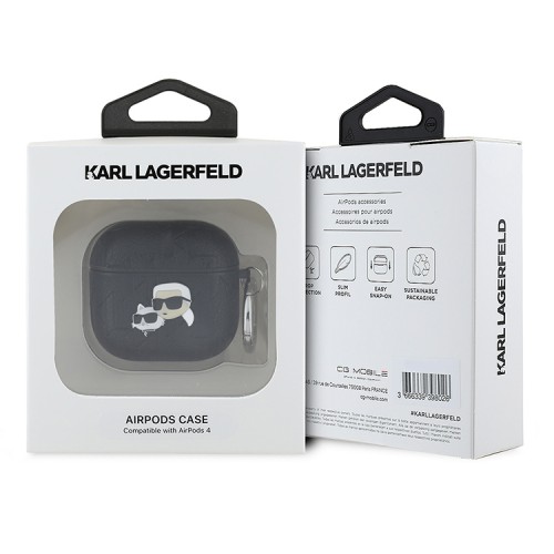 Karl Lagerfeld для Airpods 4 чехол PU Saffiano Monogram with ring NFT Metal Head Karl & Choupette Black