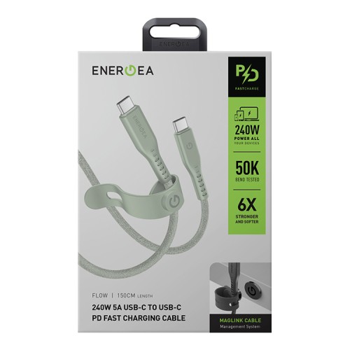 Energea Кабель FLOW USB-C to USB-C PD240W 5A Nanoweave Magnetic tie Green 1.5m