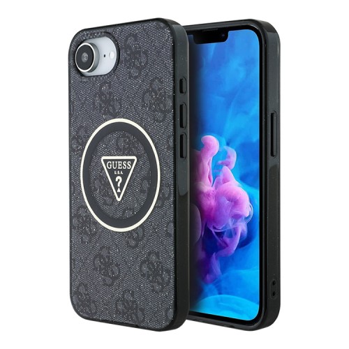 Guess для iPhone 16e чехол PC/TPU 4G Glitter Triangle logo Hard Black (MagSafe)
