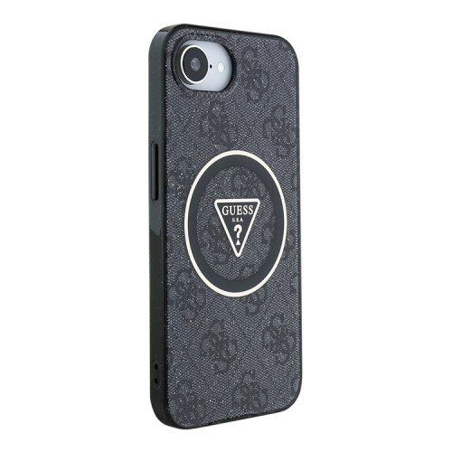 Guess для iPhone 16e чехол PC/TPU 4G Glitter Triangle logo Hard Black (MagSafe)