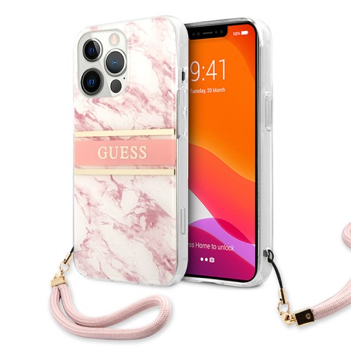 Чехол Guess Marble Hard +Nylon hand cord для iPhone 13 Pro, розовый
