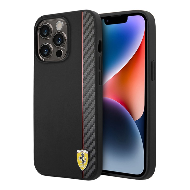 Чехол Ferrari PU Smooth/Carbon Vertical with metal logo Hard для iPhone 14 Pro Max, черный