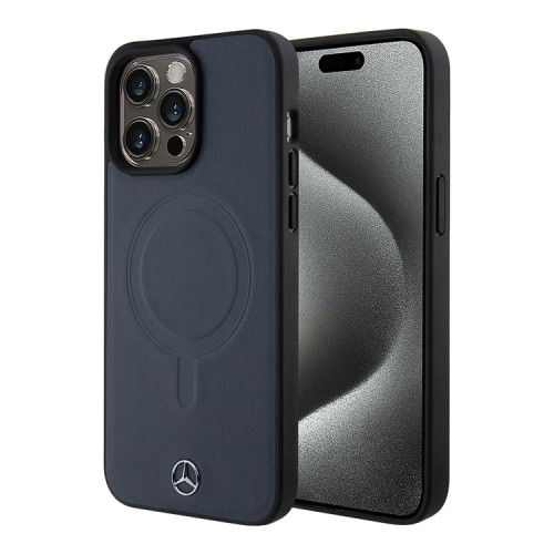Mercedes для iPhone 15 Pro Max чехол Leather Plain Smooth with Ring Hard Navy (MagSafe)