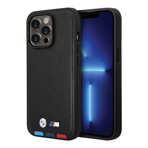 BMW для iPhone 15 Pro чехол M-Collection PU Hot stamp tricolor Hard Black (MagSafe)