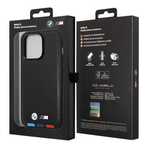 BMW для iPhone 15 Pro чехол M-Collection PU Hot stamp tricolor Hard Black (MagSafe)