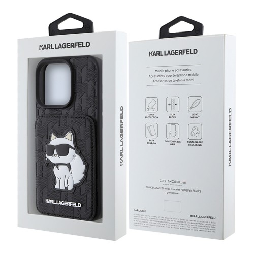 Karl Lagerfeld для iPhone 16 Pro Max чехол Cardslot Stand PU Saffiano Monogram NFT Choupette Hard Black