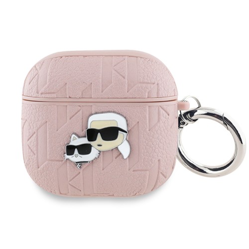 Karl Lagerfeld для Airpods 4 чехол PU Saffiano Monogram with ring NFT Metal Head Karl & Choupette Pink
