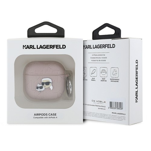 Karl Lagerfeld для Airpods 4 чехол PU Saffiano Monogram with ring NFT Metal Head Karl & Choupette Pink