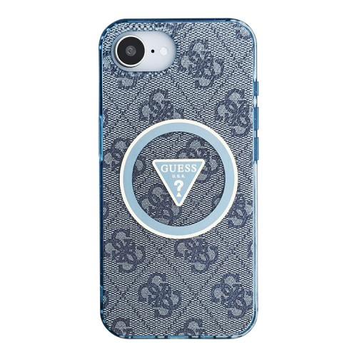 Guess для iPhone 16e чехол PC/TPU 4G Glitter Triangle logo Hard Blue (MagSafe)