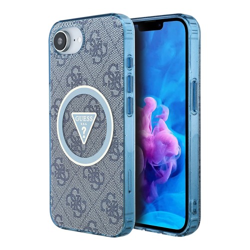 Guess для iPhone 16e чехол PC/TPU 4G Glitter Triangle logo Hard Blue (MagSafe)
