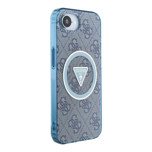 Guess для iPhone 16e чехол PC/TPU 4G Glitter Triangle logo Hard Blue (MagSafe)