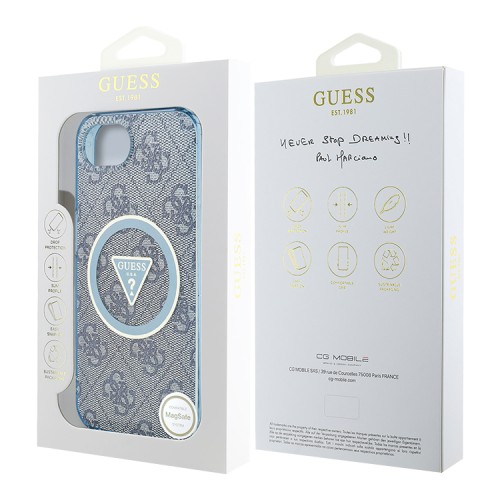 Guess для iPhone 16e чехол PC/TPU 4G Glitter Triangle logo Hard Blue (MagSafe)