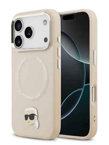 Karl Lagerfeld для iPhone 17 Pro Max чехол PU NFT Karl head Metal pin & Camera Hard Beige (MagSafe)