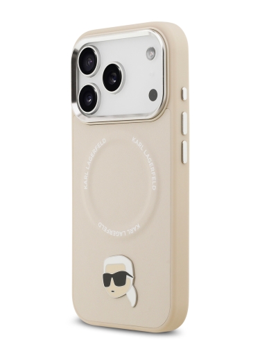 Karl Lagerfeld для iPhone 17 Pro Max чехол PU NFT Karl head Metal pin & Camera Hard Beige (MagSafe)