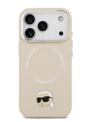 Karl Lagerfeld для iPhone 17 Pro Max чехол PU NFT Karl head Metal pin & Camera Hard Beige (MagSafe)