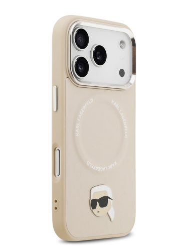 Karl Lagerfeld для iPhone 17 Pro Max чехол PU NFT Karl head Metal pin & Camera Hard Beige (MagSafe)