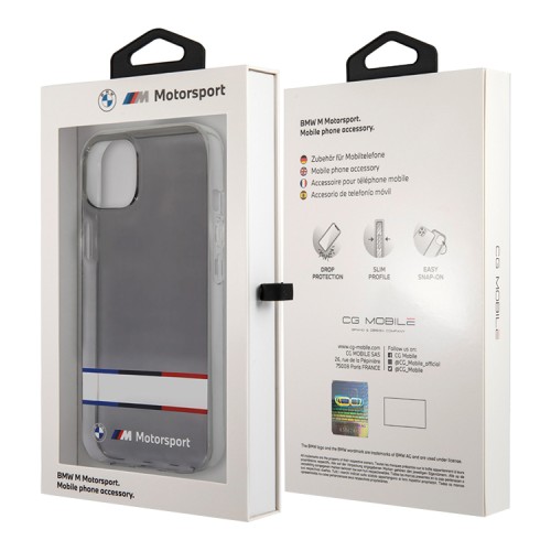 Чехол BMW Motorsport Tricolor Horizont Hard Transparent для iPhone 13, черный
