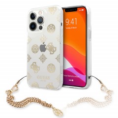 Чехол Guess Peony Hard Transparent +Gold hand chain для iPhone 13 Pro, золотой