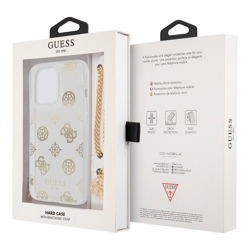 Чехол Guess Peony Hard Transparent +Gold hand chain для iPhone 13 Pro, золотой