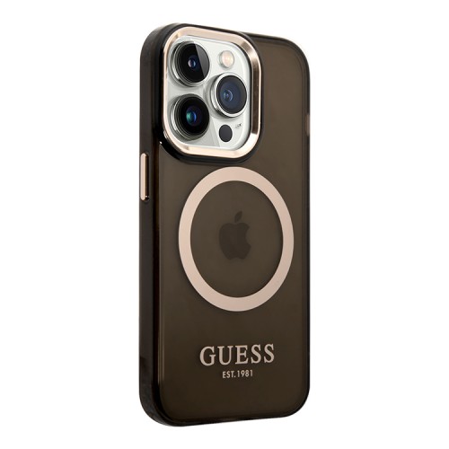 Чехол Guess Metal outline Hard Translucent для iPhone 14 Pro, черный/золотой (MagSafe)
