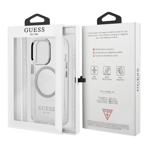 Чехол Guess Metal outline Hard для iPhone 13 Pro, прозрачный/серебристый (MagSafe)