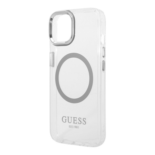 Чехол Guess Metal outline Hard для iPhone 14, прозрачный/серебристый (MagSafe)