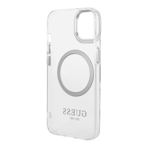 Чехол Guess Metal outline Hard для iPhone 14, прозрачный/серебристый (MagSafe)