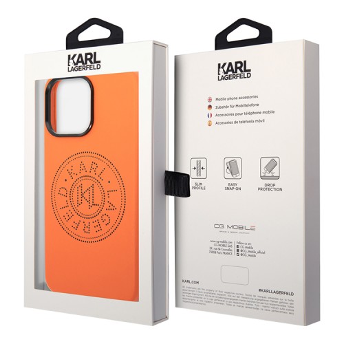 Чехол Lagerfeld PU Perforated round logo and metal buttons Hard для iPhone 14 Pro Max, оранжевый