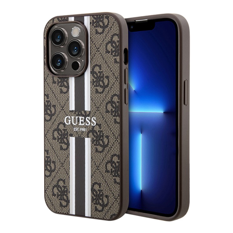 Guess для iPhone 15 Pro Max чехол PU 4G Stripes Hard Brown (MagSafe)