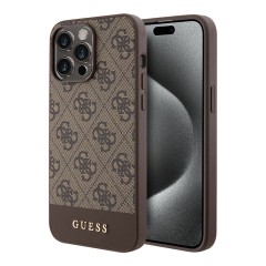 Guess для iPhone 15 Pro чехол PU 4G Bottom stripe Metal logo Hard Brown (MagSafe)