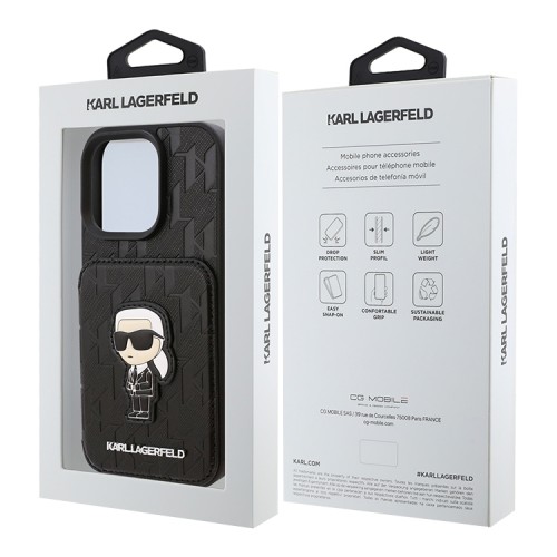 Karl Lagerfeld для iPhone 16 Pro Max чехол Cardslot Stand PU Saffiano Monogram NFT Karl Ikonik Hard Black