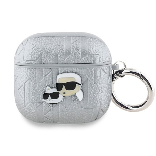 Karl Lagerfeld для Airpods 4 чехол PU Saffiano Monogram with ring NFT Metal Head Karl & Choupette Silver