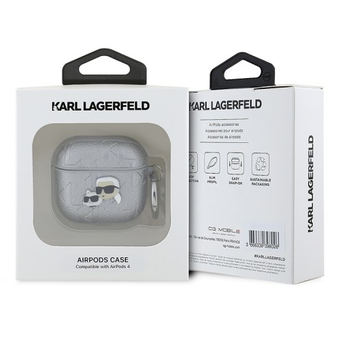 Karl Lagerfeld для Airpods 4 чехол PU Saffiano Monogram with ring NFT Metal Head Karl & Choupette Silver