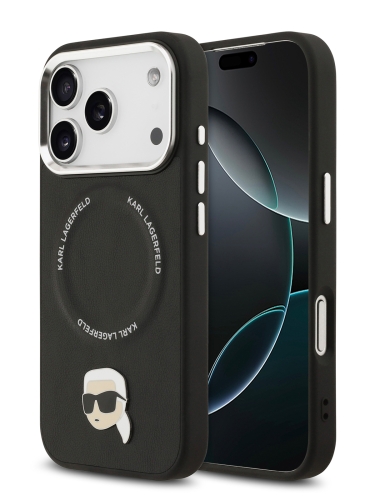 Karl Lagerfeld для iPhone 17 Pro Max чехол PU NFT Karl head Metal pin & Camera Hard Black (MagSafe)