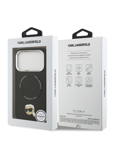Karl Lagerfeld для iPhone 17 Pro Max чехол PU NFT Karl head Metal pin & Camera Hard Black (MagSafe)