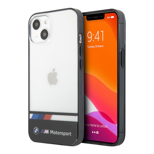 Чехол BMW Motorsport Tricolor Stripe Hard Transparent для iPhone 13, черный