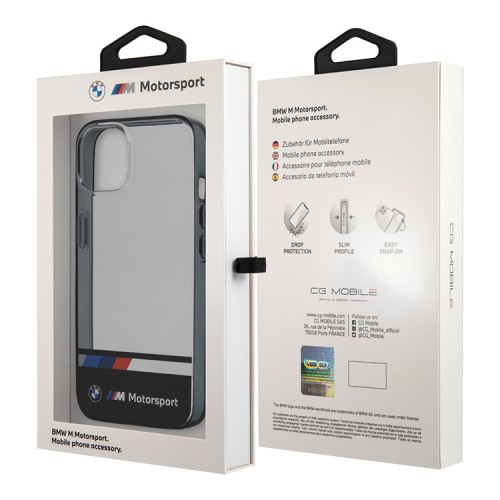 Чехол BMW Motorsport Tricolor Stripe Hard Transparent для iPhone 13, черный