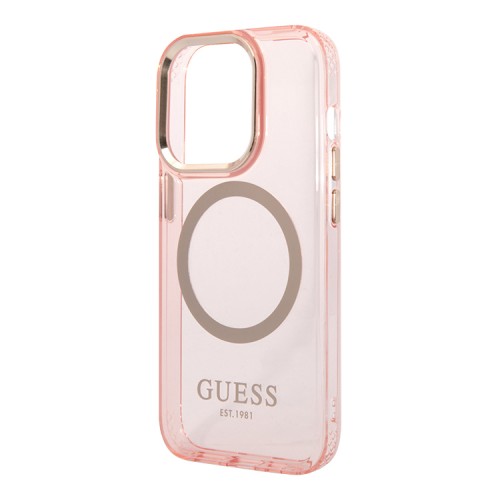 Чехол Guess Metal outline Hard Translucent для iPhone 14 Pro, розовый/золотой (MagSafe)