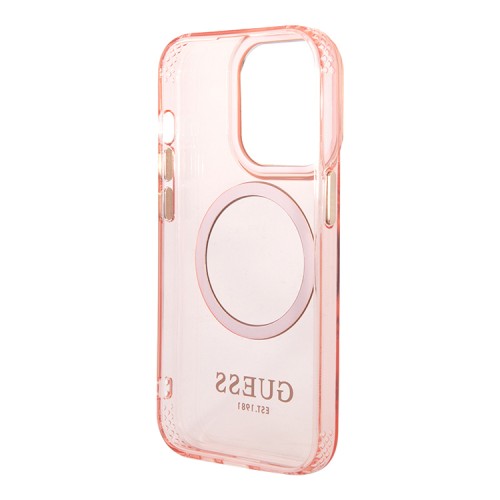 Чехол Guess Metal outline Hard Translucent для iPhone 14 Pro, розовый/золотой (MagSafe)