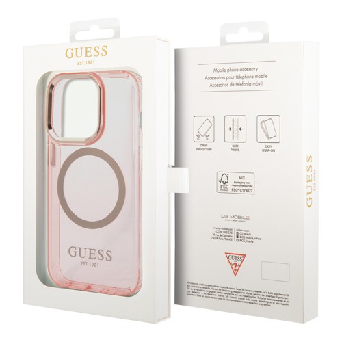 Чехол Guess Metal outline Hard Translucent для iPhone 14 Pro, розовый/золотой (MagSafe)