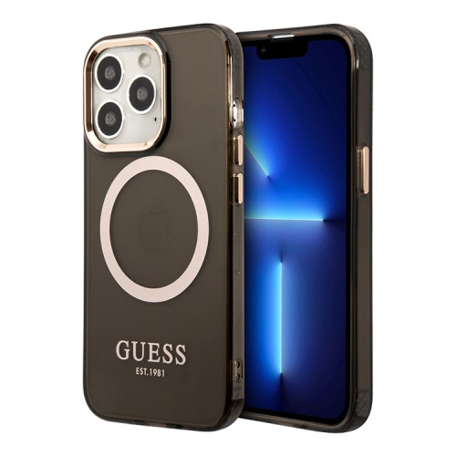 Чехол Guess Metal outline Hard для iPhone 13 Pro Max, черный/золотой (MagSafe)