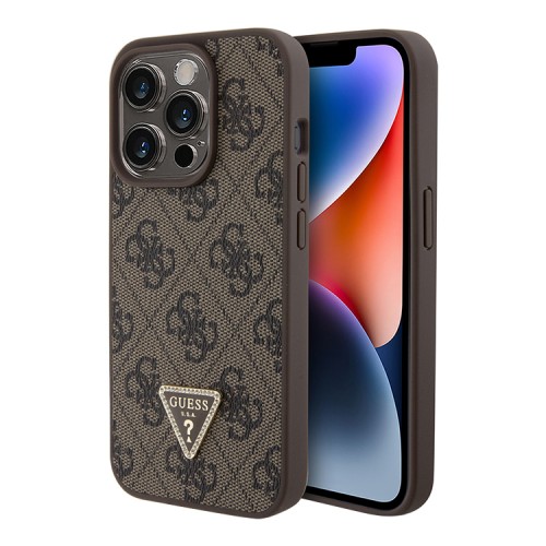 Guess для iPhone 15 Pro Max чехол PU 4G Triangle Diamond metal logo Hard Brown